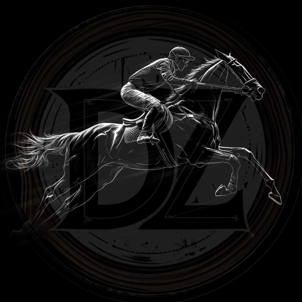 Black and white illustration of a jockey on a horse
