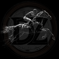 Black and white illustration of a jockey on a horse