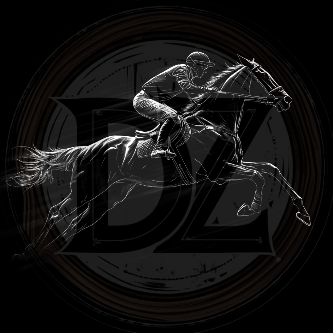 Black and white illustration of a jockey on a horse
