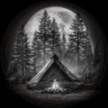 Tent with a campfire in a forest under a full moon