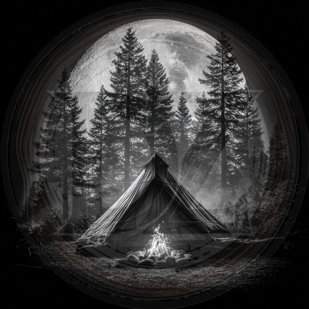 Tent with a campfire in a forest under a full moon