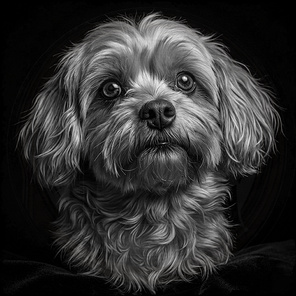 Black and white portrait of a dog with a dark background