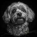 Black and white portrait of a dog with a dark background