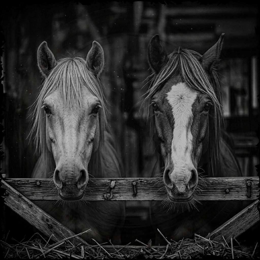 Two horses peering over a wooden fence in a stable.