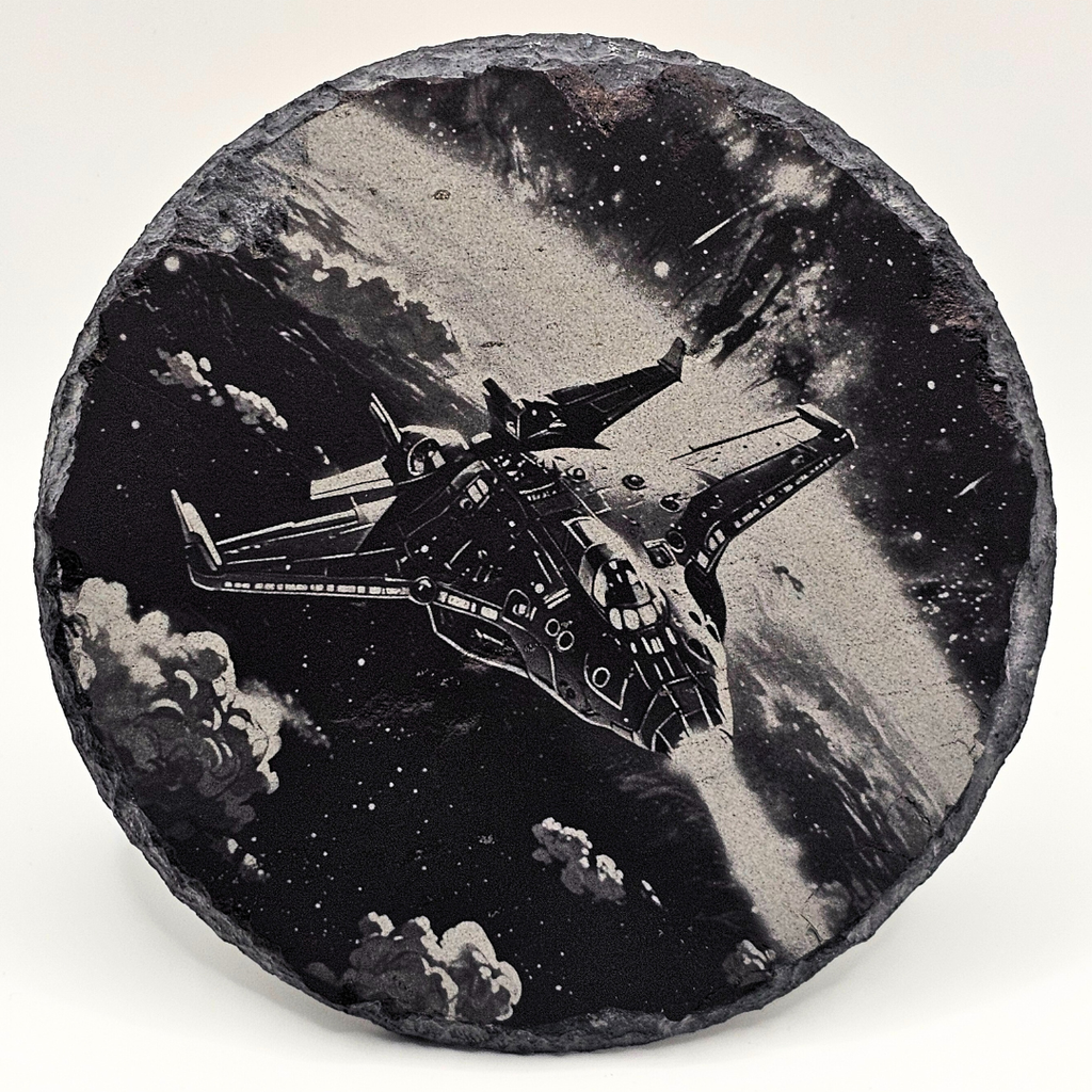Round slate coaster with a spaceship design on a space-themed background