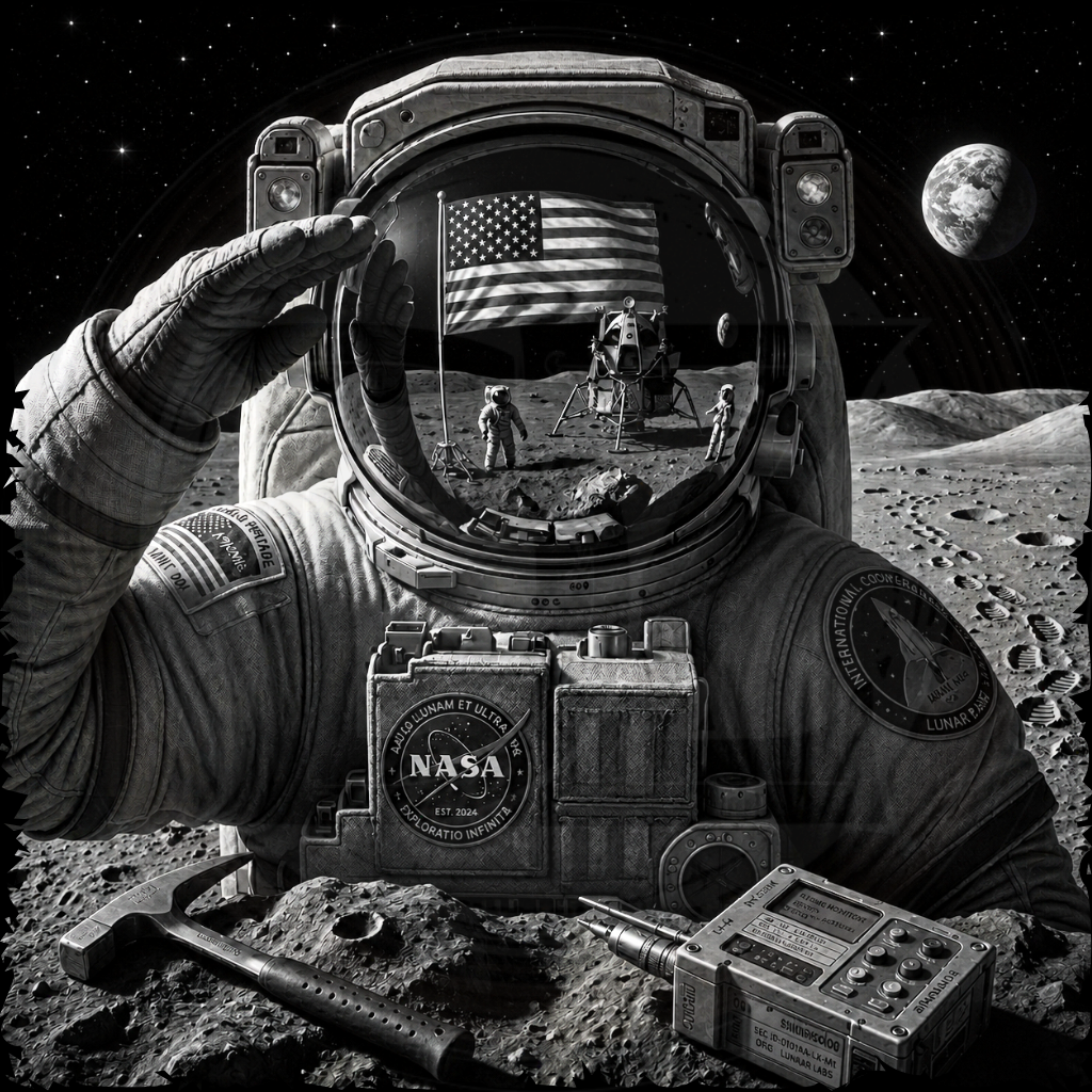 Illustration of an astronaut on the moon with NASA equipment and American flag reflection.