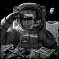Illustration of an astronaut on the moon with NASA equipment and American flag reflection.