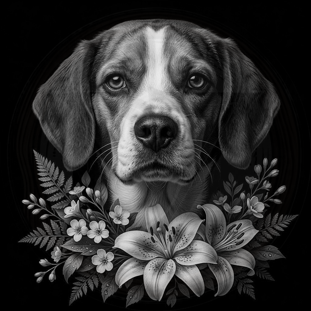 Black and white dog portrait with floral elements on a black background