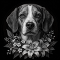 Black and white dog portrait with floral elements on a black background