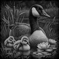 Black and white illustration of a goose with two goslings on a pond with lilies and dragonflies.