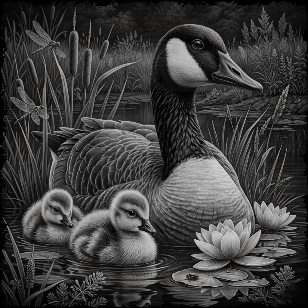 Black and white illustration of a goose with two goslings on a pond with lilies and dragonflies.