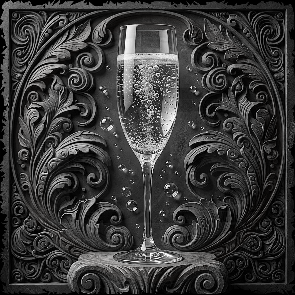 Decorative black and white illustration of a champagne glass with intricate patterns.