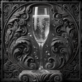 Decorative black and white illustration of a champagne glass with intricate patterns.