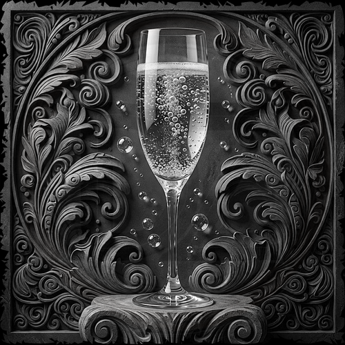 Decorative black and white illustration of a champagne glass with intricate patterns.