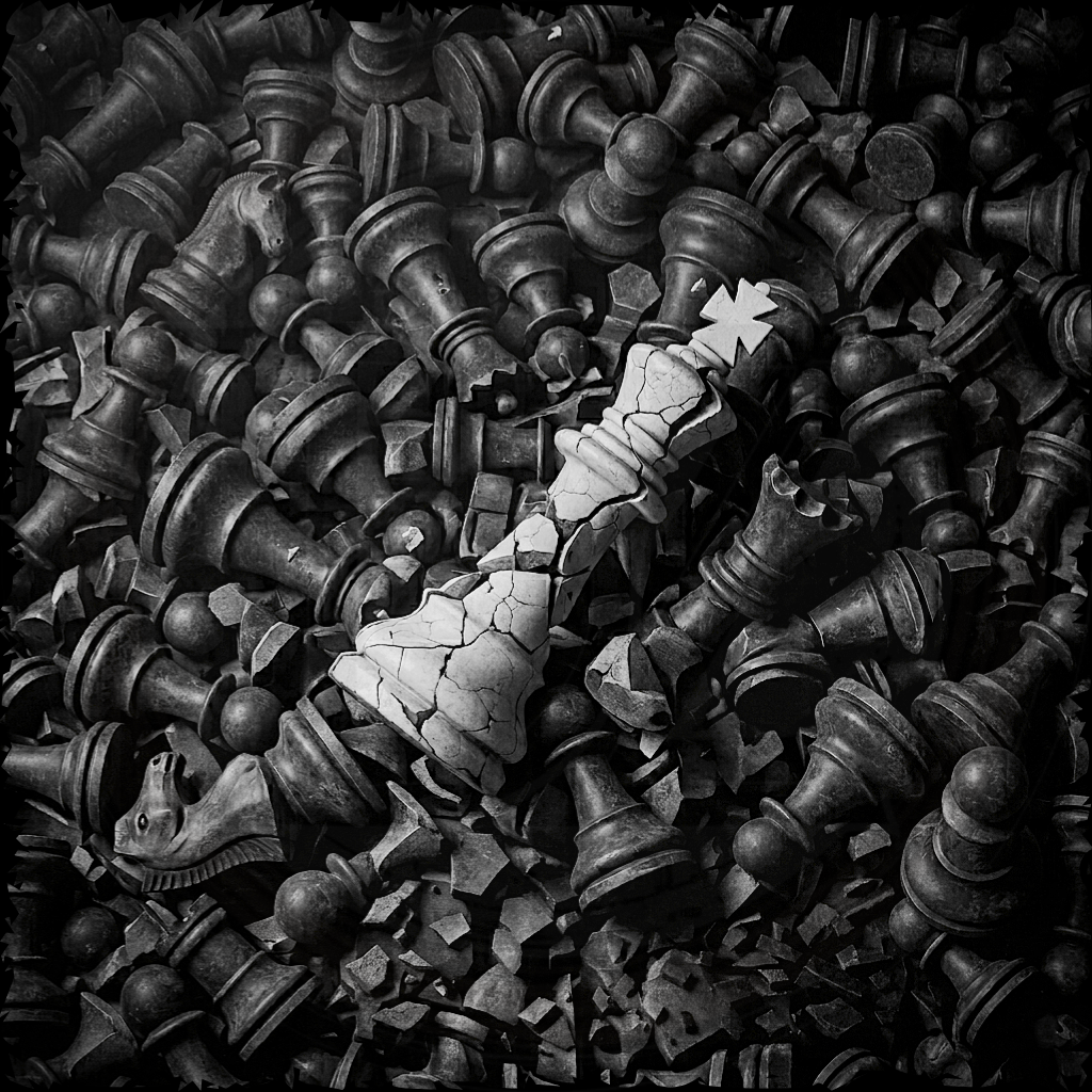 Close-up of a pile of chess pieces with a white star on a black background