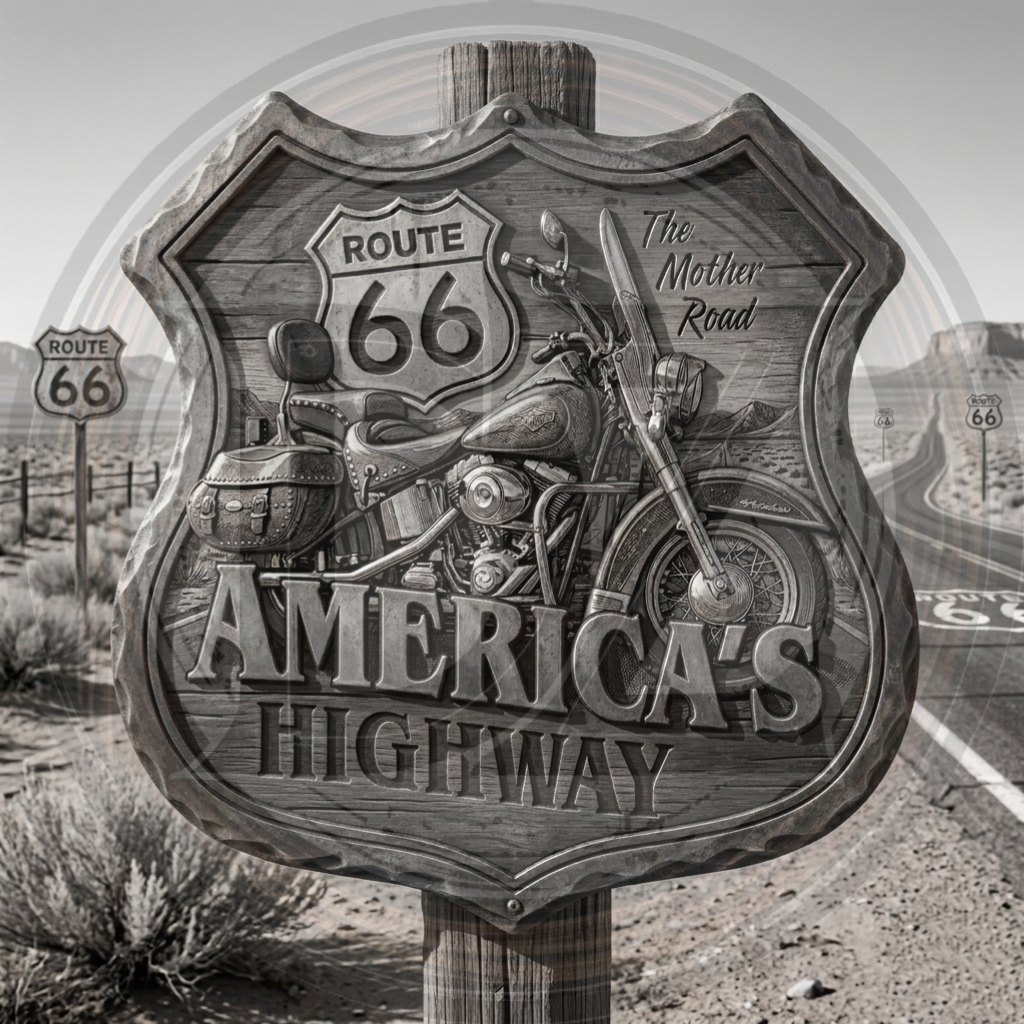 Decorative sign featuring Route 66 with a motorcycle illustration, set against a desert landscape.
