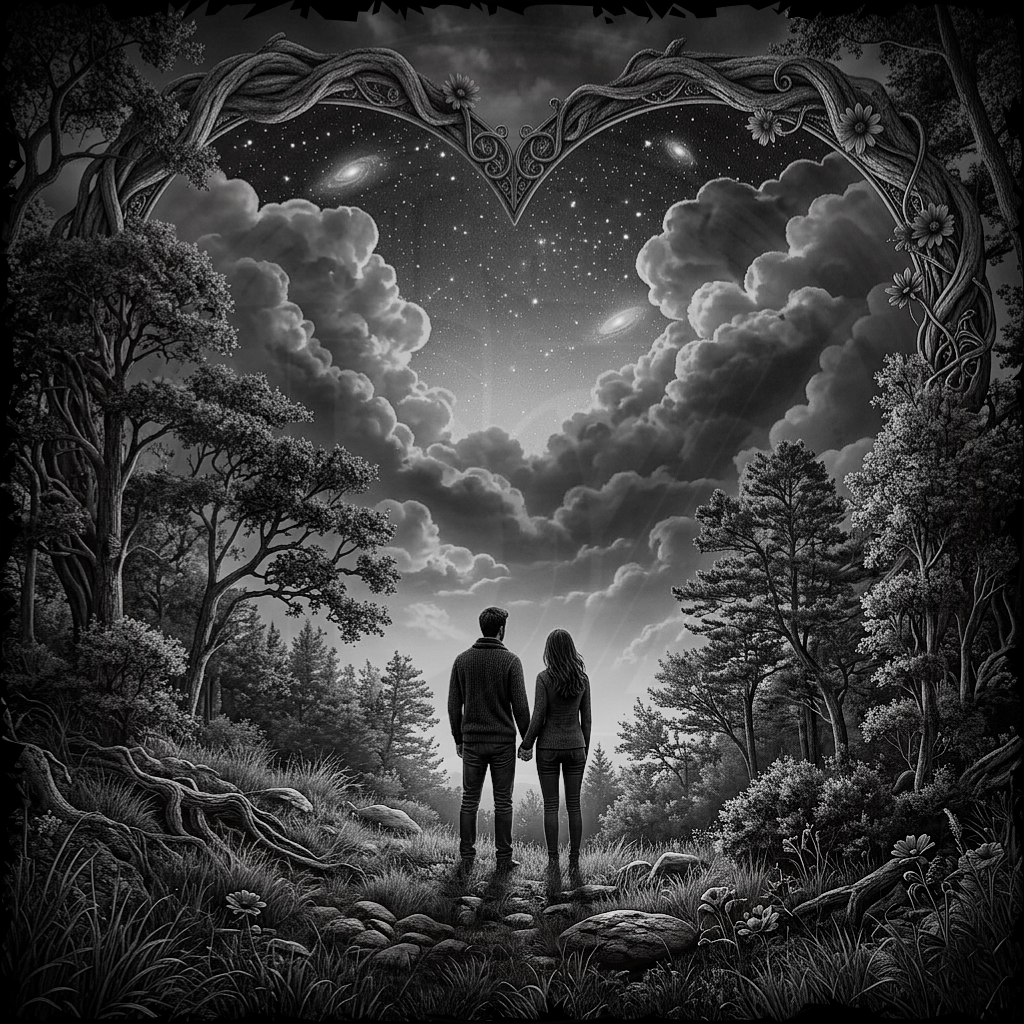 Two people standing in a forest under a starry sky with a heart-shaped cloud formation.