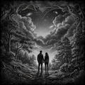 Two people standing in a forest under a starry sky with a heart-shaped cloud formation.