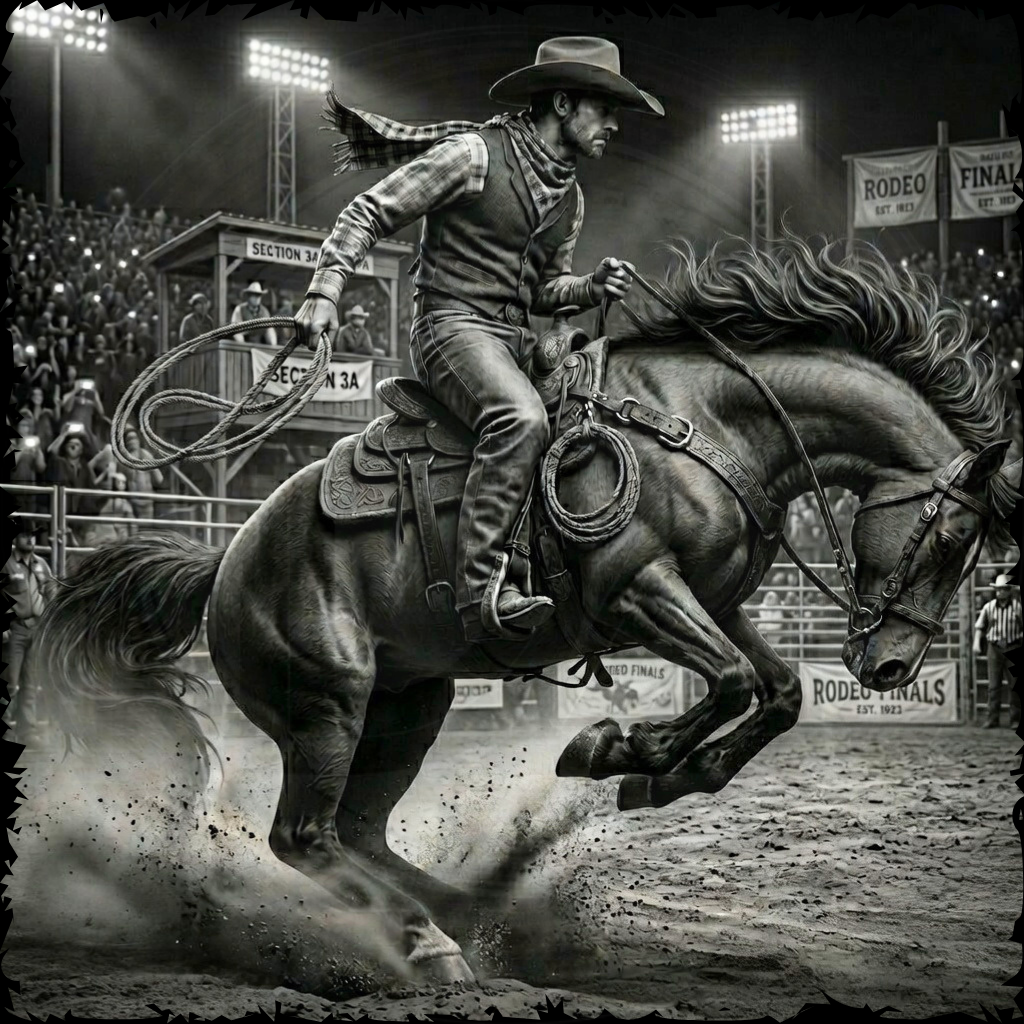 Black and white image of a cowboy riding a bucking horse in a rodeo arena.