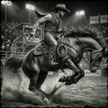 Black and white image of a cowboy riding a bucking horse in a rodeo arena.