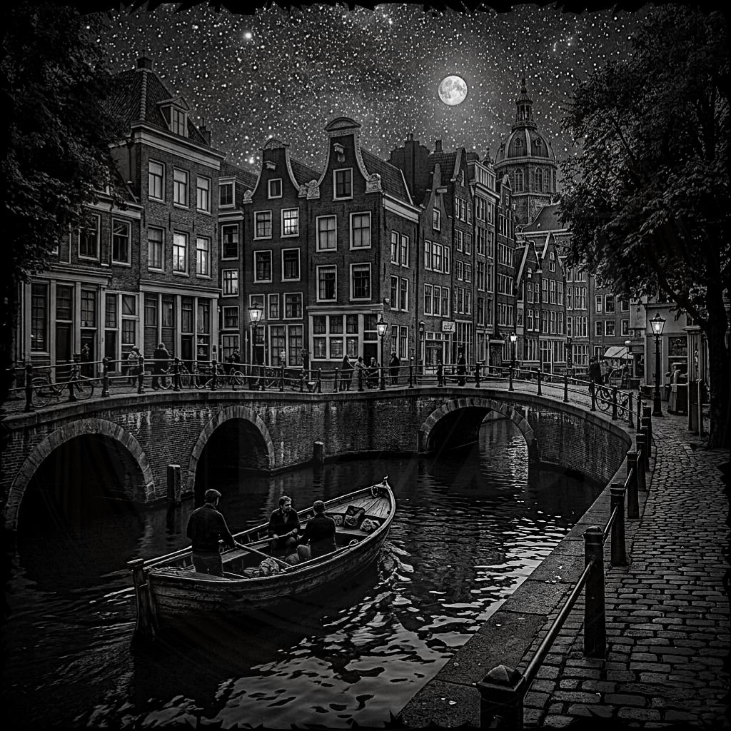 Boat on a canal at night with illuminated buildings and a full moon.