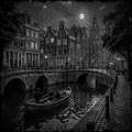 Boat on a canal at night with illuminated buildings and a full moon.