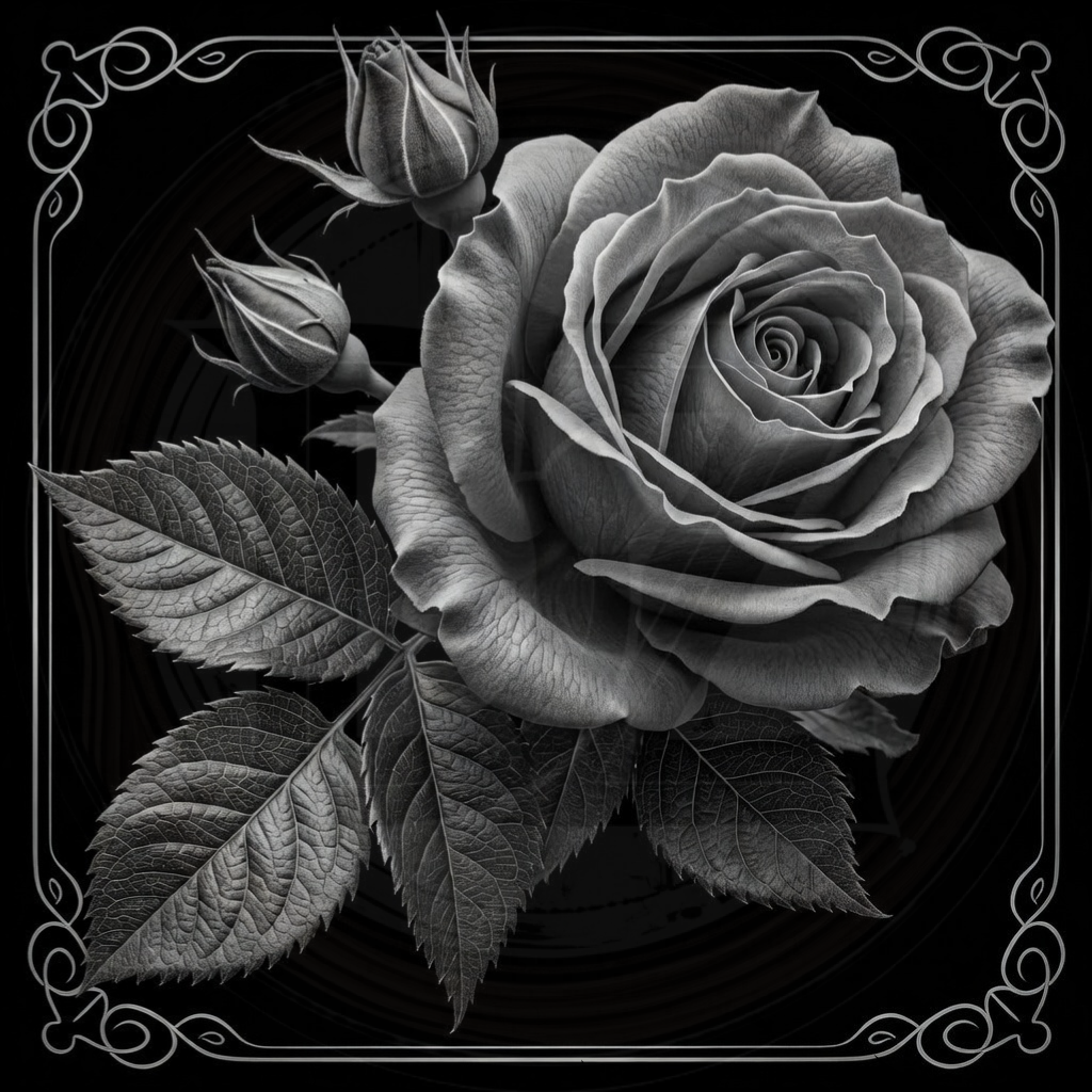 Black and white rose with leaves on a dark background