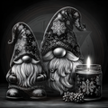 Two decorative gnomes with snowflake patterns next to a candle