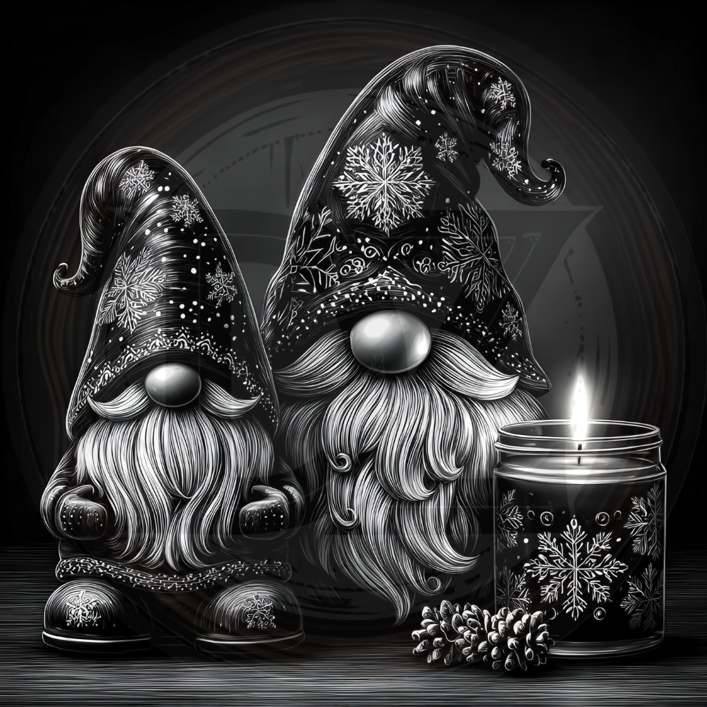 Two decorative gnomes with snowflake patterns next to a candle