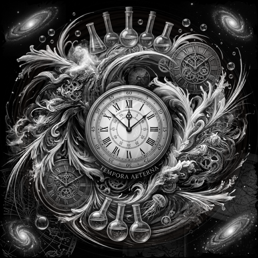 Decorative design with a clock, test tubes, and celestial elements on a black background