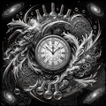 Decorative design with a clock, test tubes, and celestial elements on a black background