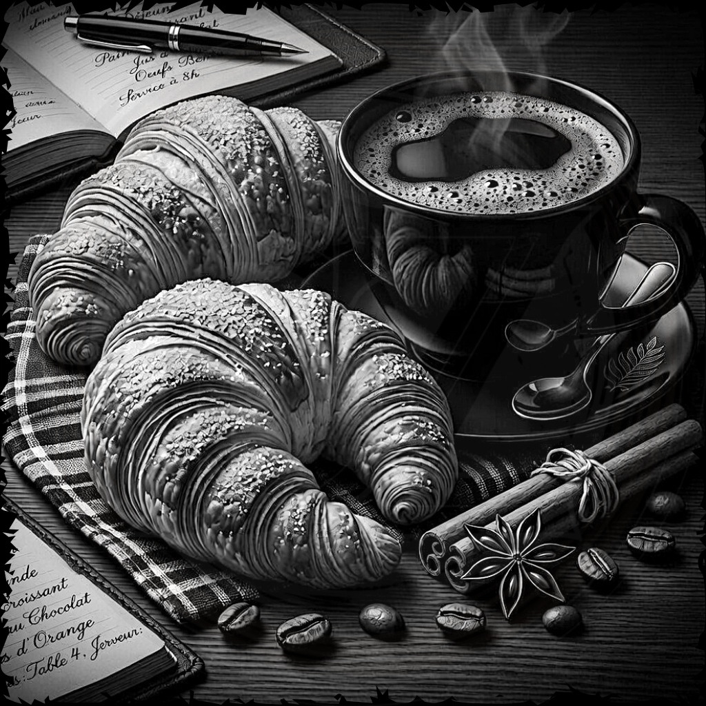 Black and white image of croissants and a cup of coffee on a checkered cloth.