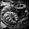 Black and white image of croissants and a cup of coffee on a checkered cloth.