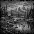 Black and white landscape with a cabin by a lake and mountains in the background