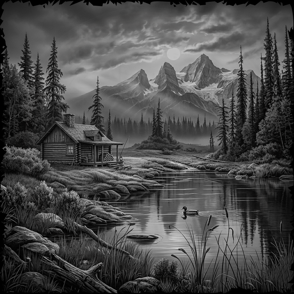 Black and white landscape with a cabin by a lake and mountains in the background