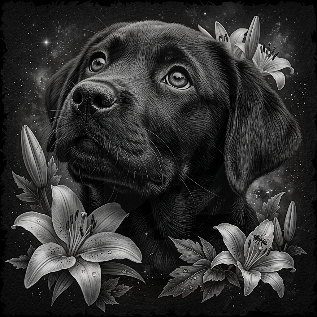 Black and white illustration of a dog surrounded by flowers on a dark background