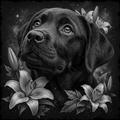 Black and white illustration of a dog surrounded by flowers on a dark background