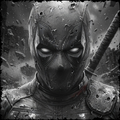 Character in armor with a helmet, holding a weapon, against a dark background