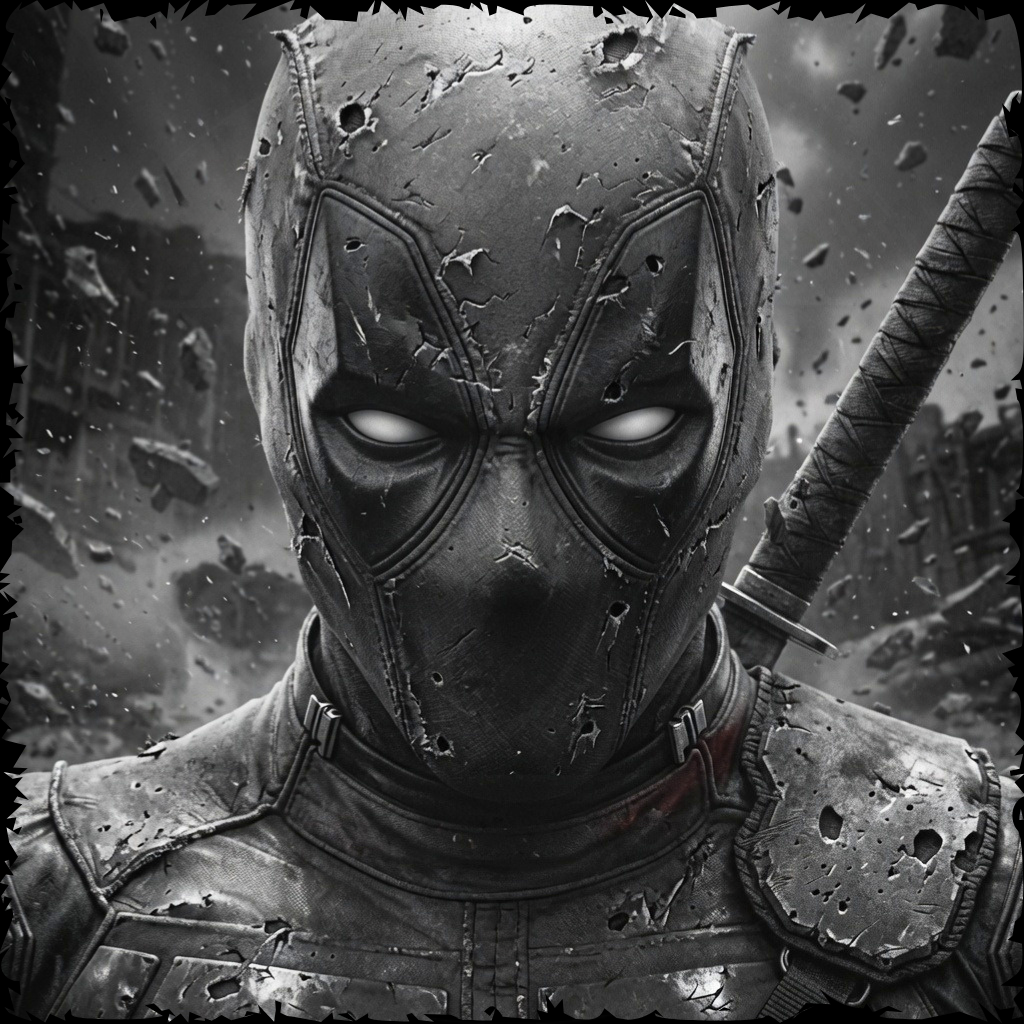Character in armor with a helmet, holding a weapon, against a dark background