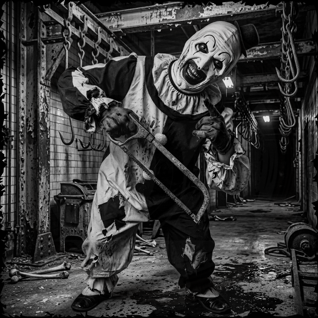 Horror clown with chainsaw in a dark, industrial setting