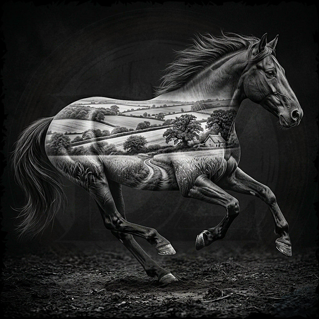 Horse running with a landscape overlay on a dark background