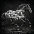 Horse running with a landscape overlay on a dark background
