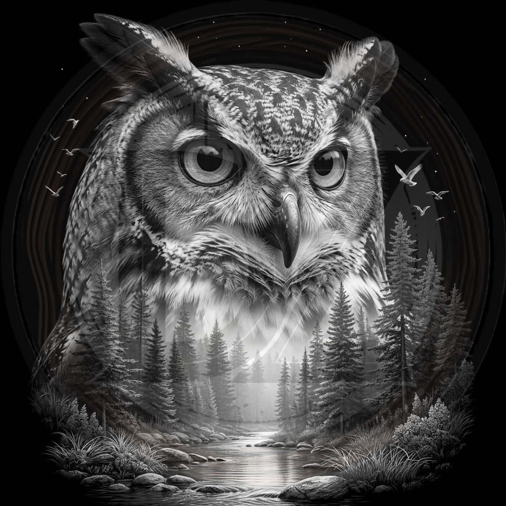 Black and white illustration of an owl with a forest background
