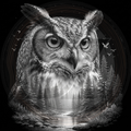Black and white illustration of an owl with a forest background