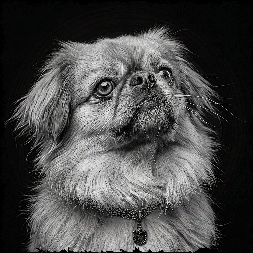 Black and white portrait of a dog with a dark background