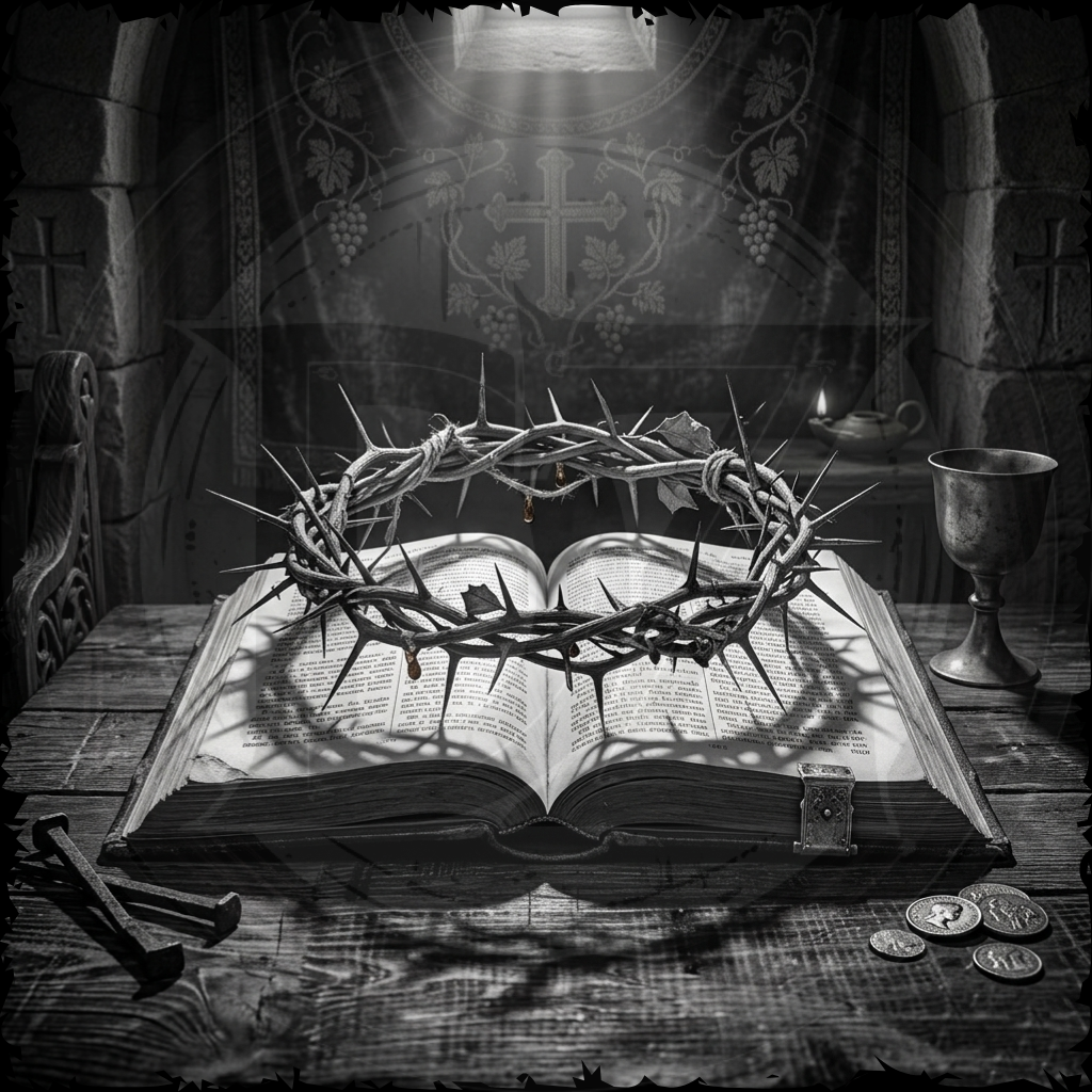 Crown of thorns on an open book with a candle and chalice in a dark, stone room.