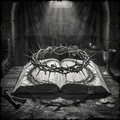 Crown of thorns on an open book with a candle and chalice in a dark, stone room.