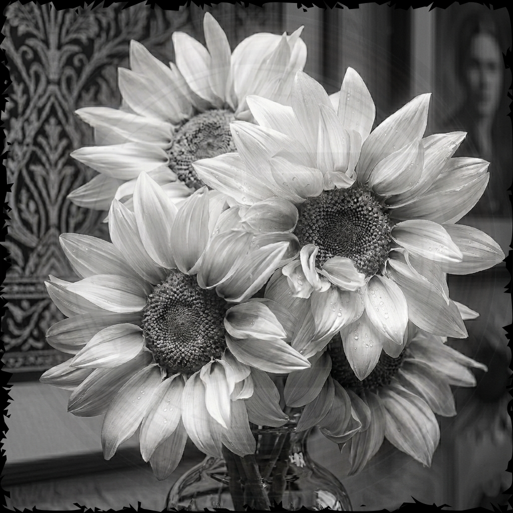 Black and white photo of sunflowers in a vase.