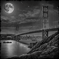 Black and white illustration of a bridge over water with a full moon in the sky.