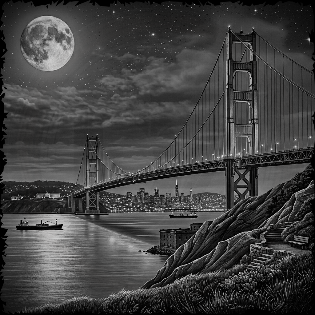 Black and white illustration of a bridge over water with a full moon in the sky.